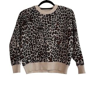 T Tahari Womens Tan Black Leopard Animal Print Crewneck Knit Sweater Pullover